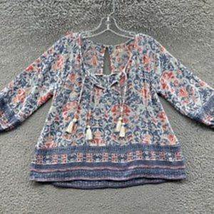 Hollister Top Women's XS Blue Pesant Sleeve Tassle Split Neck Keyhole Blouse